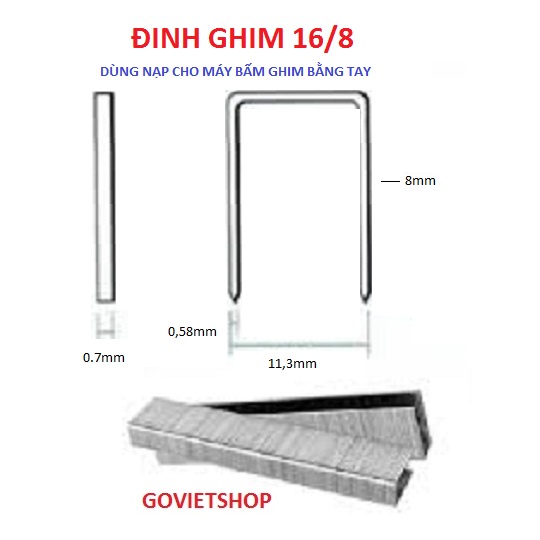 Kim bấm gỗ 16/8 dùng cho máy bấm ghim tay, đinh u bắn gỗ, ghim bấm gỗ 16/8