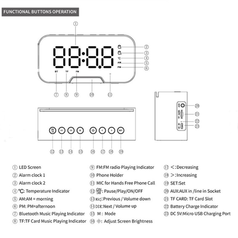 Tai nghe nhét Loa bluetooth kiêm đồng hồ G10 màn hình gương hiển thị đèn LED - Đài FM - Đồng hồ báo thức sạc không dây