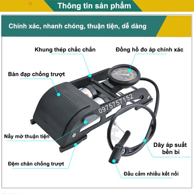 Bơm hơi đạp chân đa năng 2 xi lanh WYNN’S, 2 ống bơm Piston cho lốp ô tô, xe máy, xe đạp, bóng bay Hidro