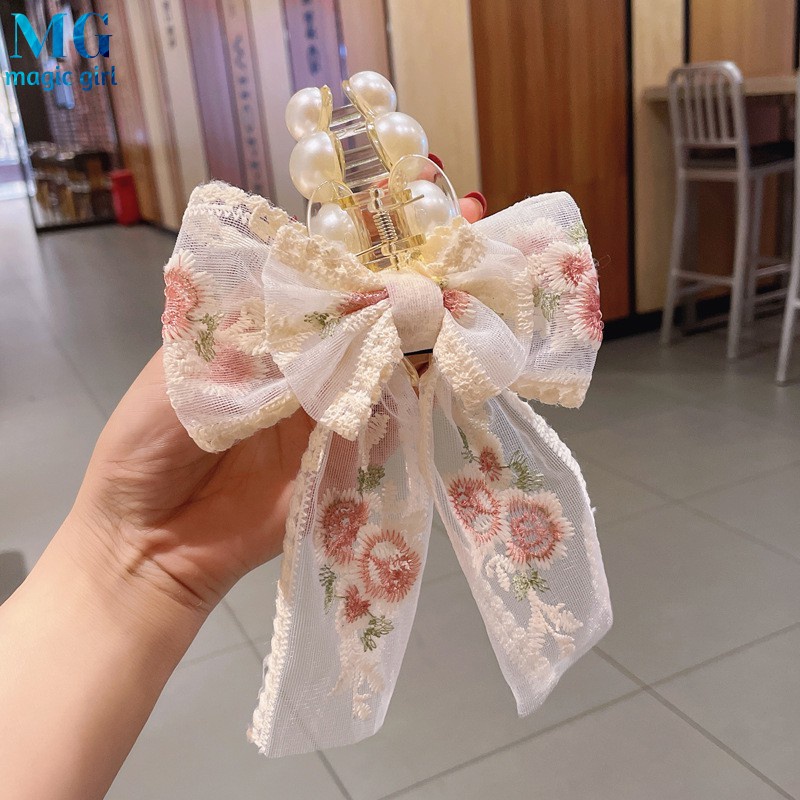 Kẹp Tóc Nơ Lớn Thêu Họa Tiết Hoa Hồng Phối Ren Xinh Xắn Thời Trang