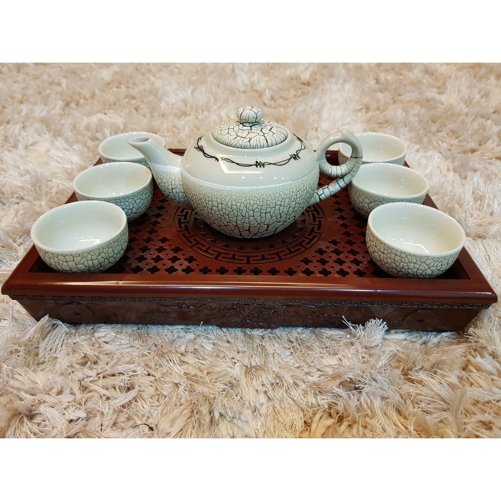 COMBO Bộ ấm chén @ men rạn + KHAY NHỰA
