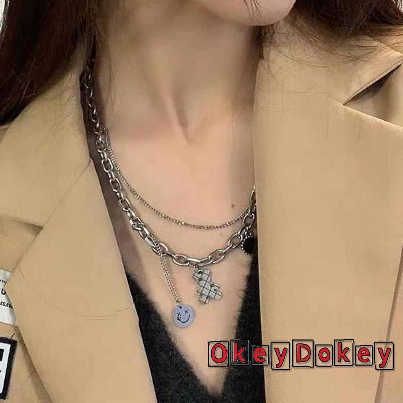 Dây chuyền dáng ngắn hai lớp mặt hình gấu hoạt hình và mặt cười phong cách đơn giản thời trang dành cho nữ