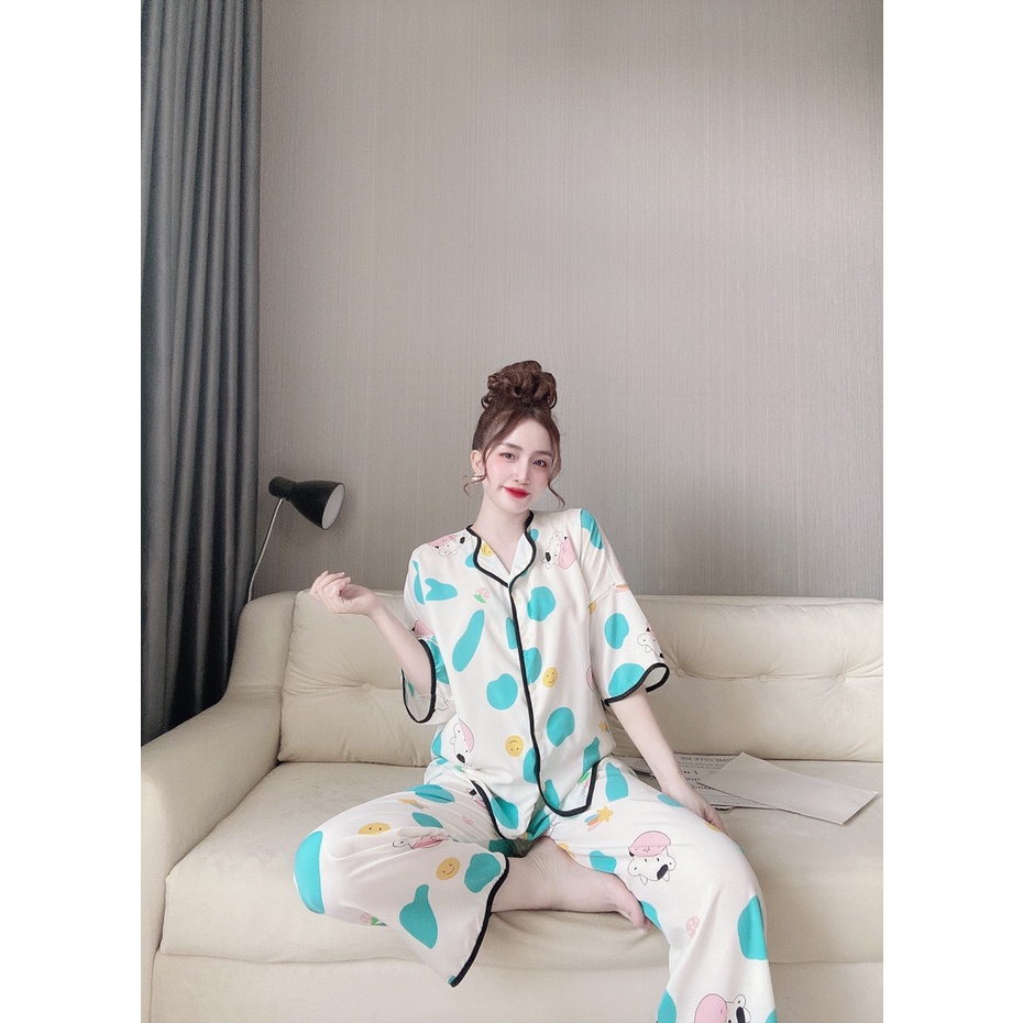 Bộ Ngủ MặC Nhà, Đồ Pijama Ngắn Tay Quần Dài Lượn Sóng Họa Tiết Bò Sữa Chất Lụa Mango Mềm Mịn, Form Dáng Rộng Rãi T | BigBuy360 - bigbuy360.vn