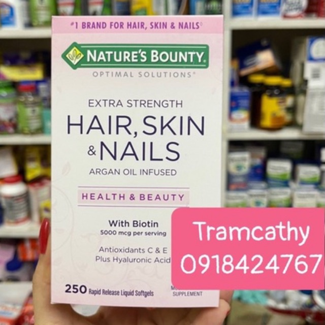 [ Bill mỹ] hair skin nails Viên Uống Đẹp Da, Tóc, Móng Hair Skin Nail Nature's Bounty 250 Viên
