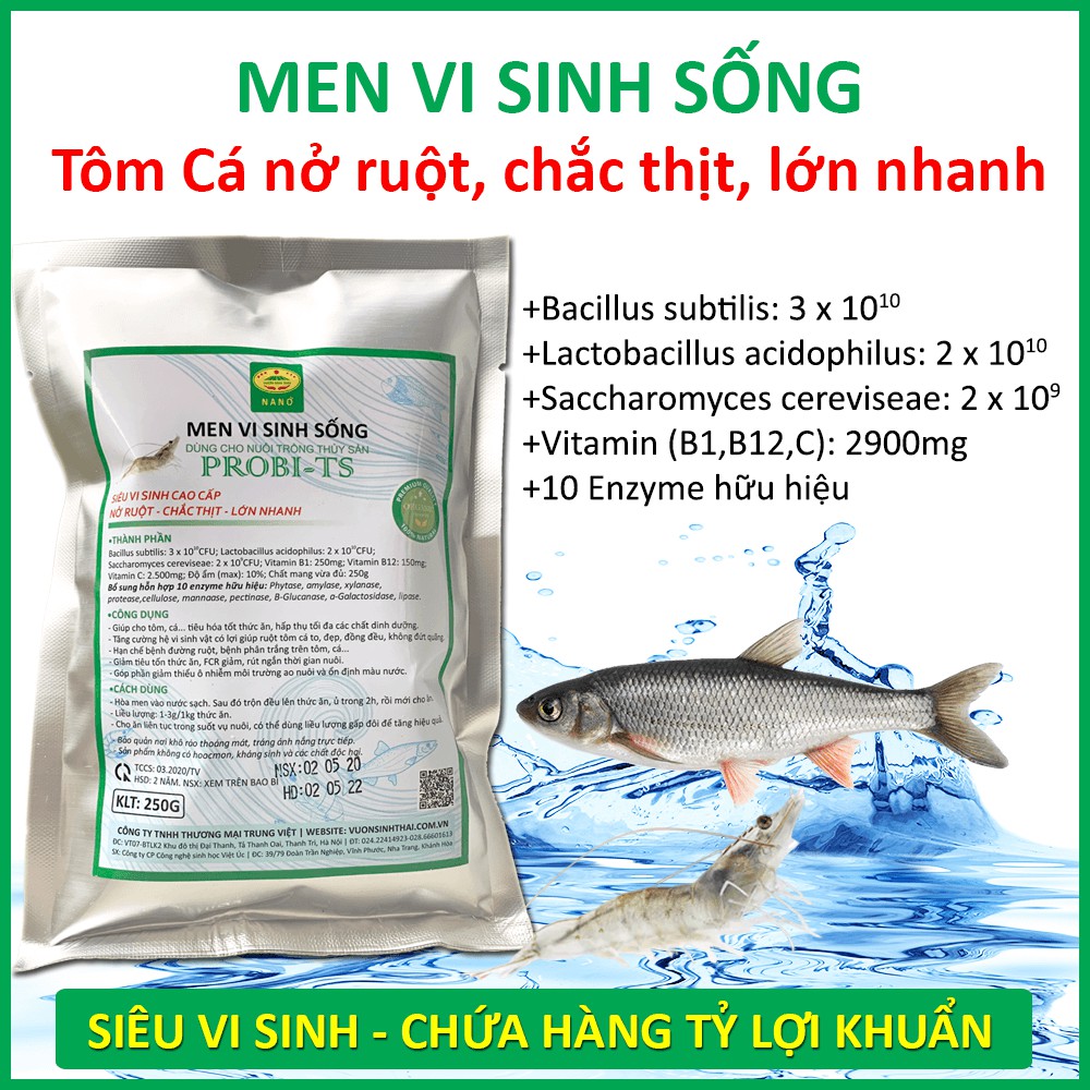 Men vi sinh cho Tôm Cá. Nở ruột, chắc thịt, lớn nhanh. Chứa hàng tỷ lợi khuẩn. Ngăn ngừa các bệnh về đường ruột