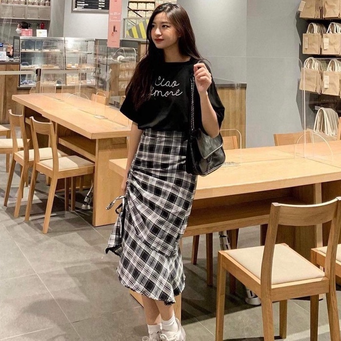 Chân váy kẻ caro thô phối áo thun bozip ulzzang nữ - Đầm caro maxi đuôi cá kèm phông basic tiểu thư