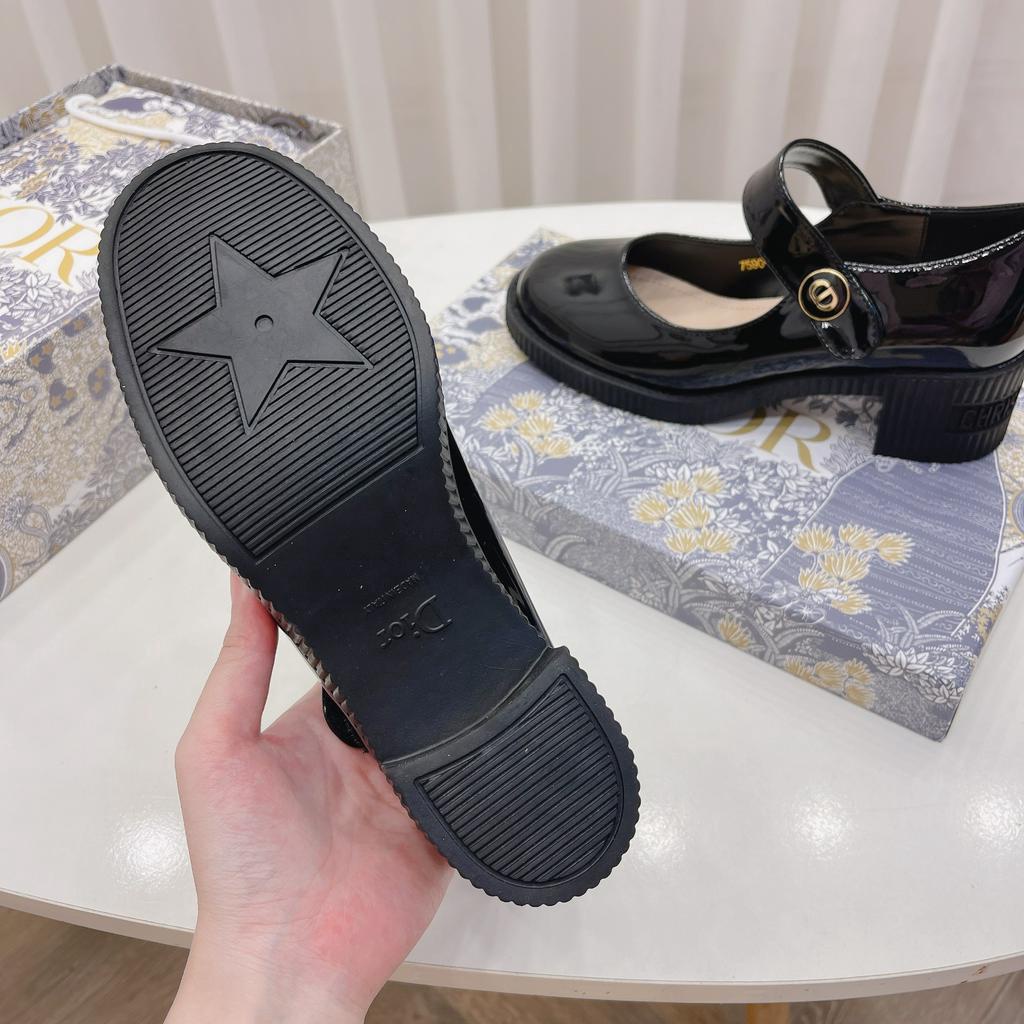 Giày búp bê quai ngang mũi tròn da bóng gót 5cm