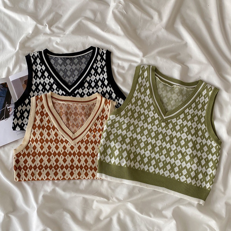 Áo dệt kim không tay đính đá họa tiết sọc caro phong cách Hàn Quốc thời trang xuân thu dễ phối đồ