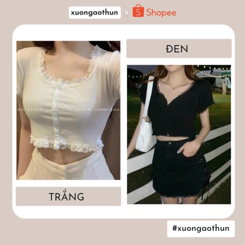Áo croptop nữ 5 nút ngắn tay Croptop cổ vuông viền ren freesize chất liệu thun co giãn tốt