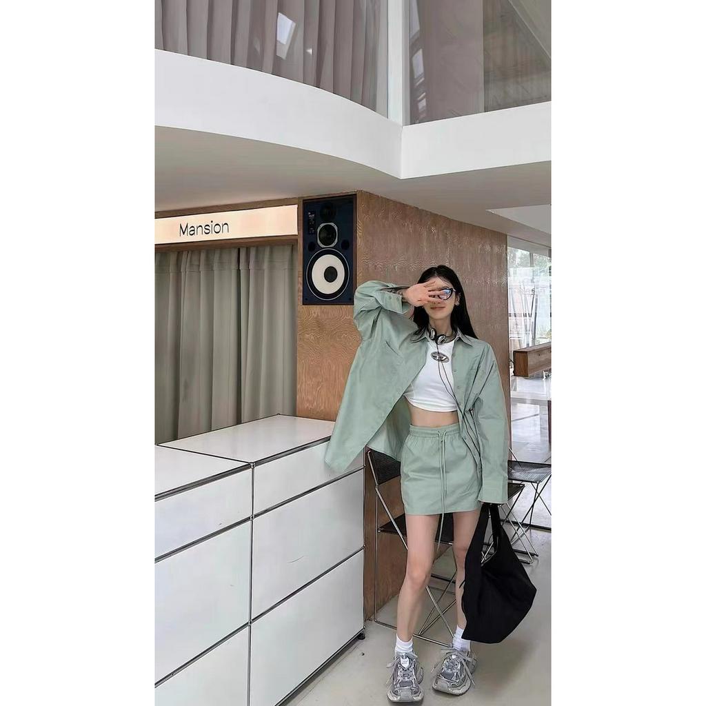 SET 3 MÓN XANH MINT: ÁO SƠ MI XANH + ÁO TRẮNG + QUẦN SHORT LƯNG THUN RÚT DÂY (TH)