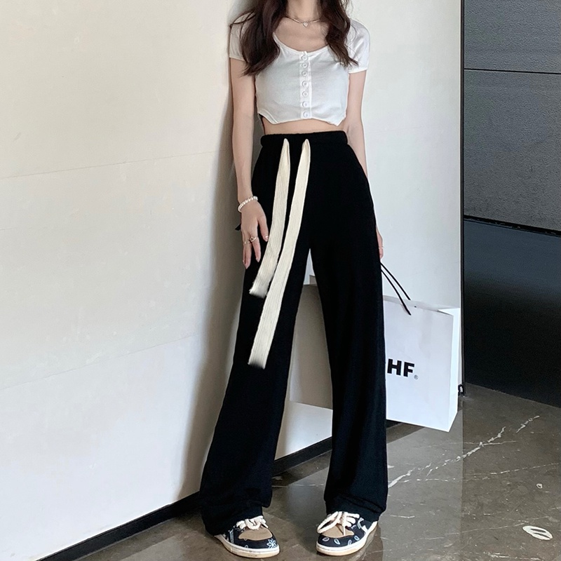 HUANG YOYO Quần Thể Thao Dây Rút Ống Rộng Kẻ Sọc Thời Trang Phong Cách Hàn Quốc Cho Nữ