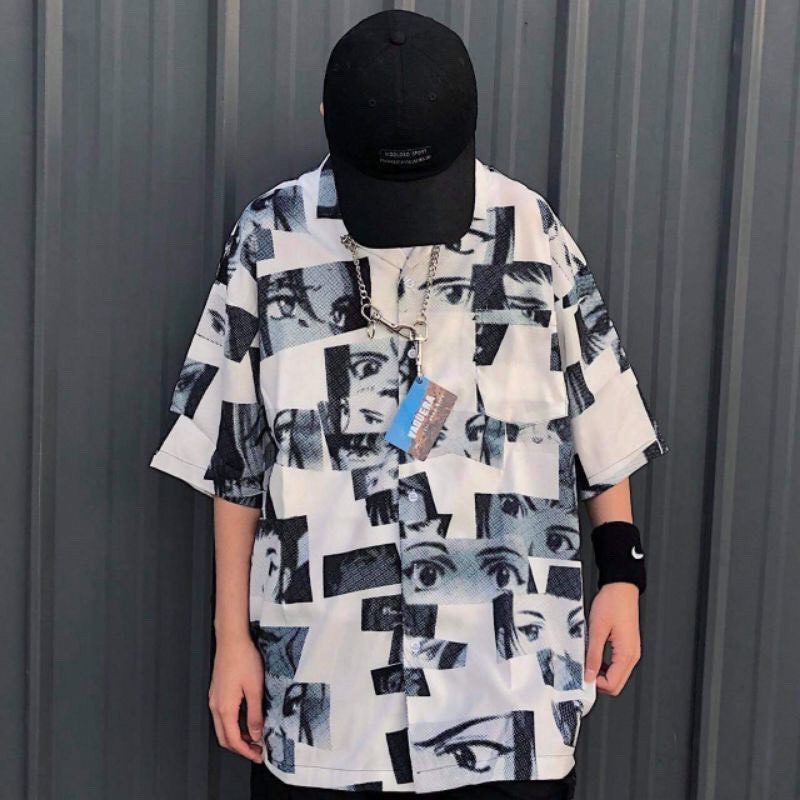 Áo sơ mi Bape form rộng tay lỡ in họa tiết hình người cổ bẻ unisex