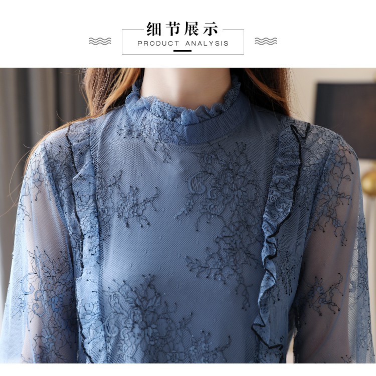 Korean Elegant Lace Ruffle Office Blouse Women Autumn Long Sleeve Stand Collar Top Blue | BigBuy360 - bigbuy360.vn