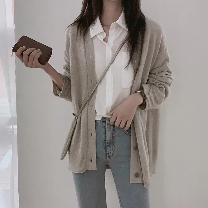 Áo Khoác Cardigan Dệt Kim Tay Dài Dáng Rộng Đơn Giản Dễ Phối Đồ