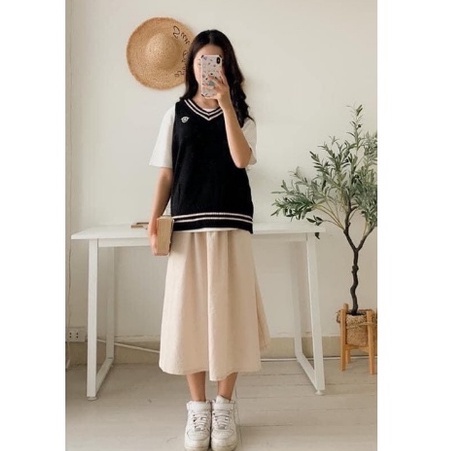 Chân váy đũi dáng dài style Hàn Quốc, chân váy vintage cạp chun hàng quảng châu