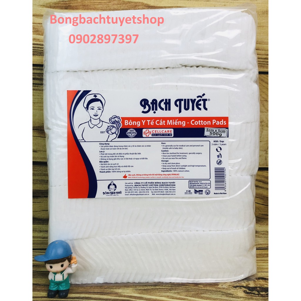 Bông gòn y tế sơ cứu vết thương cắt sẵn gói 500gr size 5x5 – Bông Bạch tuyết gói 0.5kg size 5x5