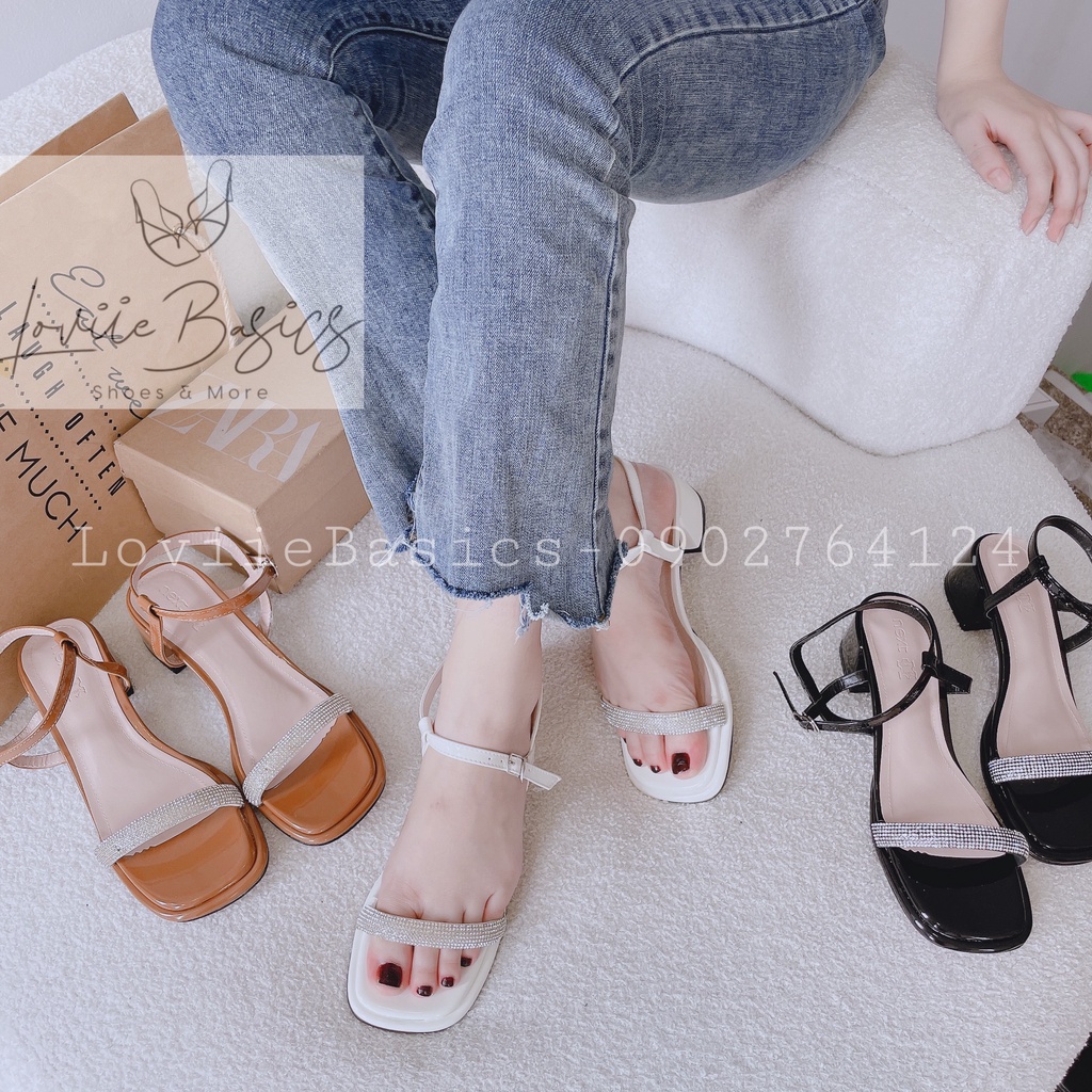 SANDAL CAO GÓT LOVIIE BASICS - GIÀY THỜI TRANG QUAI NGANG ĐÍNH ĐÁ - GUỐC NỮ MŨI VUÔNG 5 PHÂN G220920