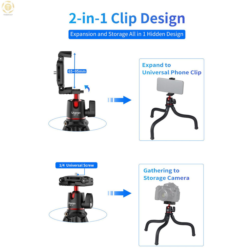 Shipped within 12 hours】 ulanzi MT-11 Flexible Octopus Tripod Stand 1/4 Inch Screw 2-in-1 Platform Design 360° Adjustment Ballhead 2kg/4.4lbs Load Capacity for Smartphone DSLR SLR Camera for Live Streaming On-line Video Recording Tripod [TO]