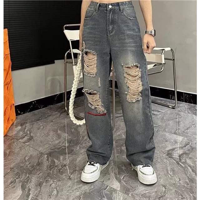 Quần jeans Dài Phối Vết Rách Phong Cách Hip Hop Đường Phố Hàn Quốc Cho Nam Giới Size S-3XL