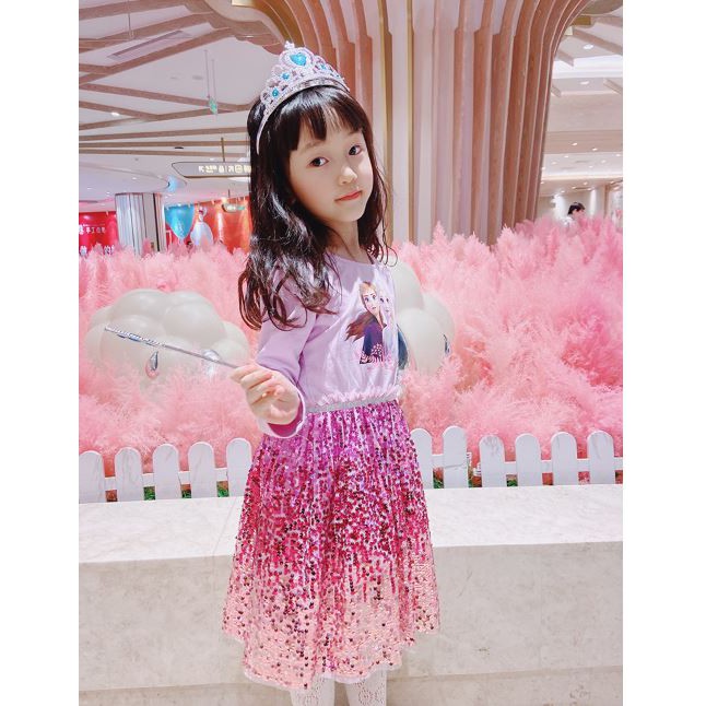 Váy Elsa Thu Đông 2021 Chất Cotton Da Cá, Đính Cườm Lấp Lánh Màu Xanh Nhạt và Tím Hồng