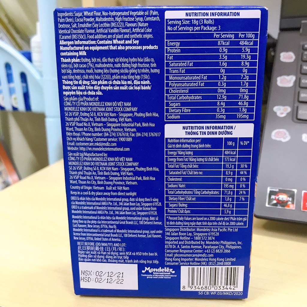 [Date: 12/2022] Bánh Quế OREO Wafer Roll - Hộp 54gr gồm 3 gói