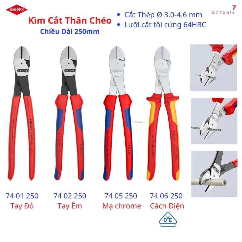 Kìm Cắt Thân Chéo Knipex Dài 250mm Lưỡi Cắt 64HRC 74 01 250/ 74 02 250/ 74 05 250/ 74 06 250 Cách Điện 1000 Volt VDE