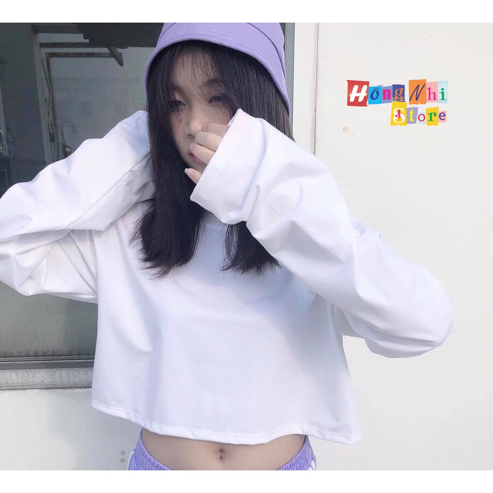 Áo Croptop Trơn Tay Dài Dáng Rộng Màu Trắng Long Tee Ulzzang - MM