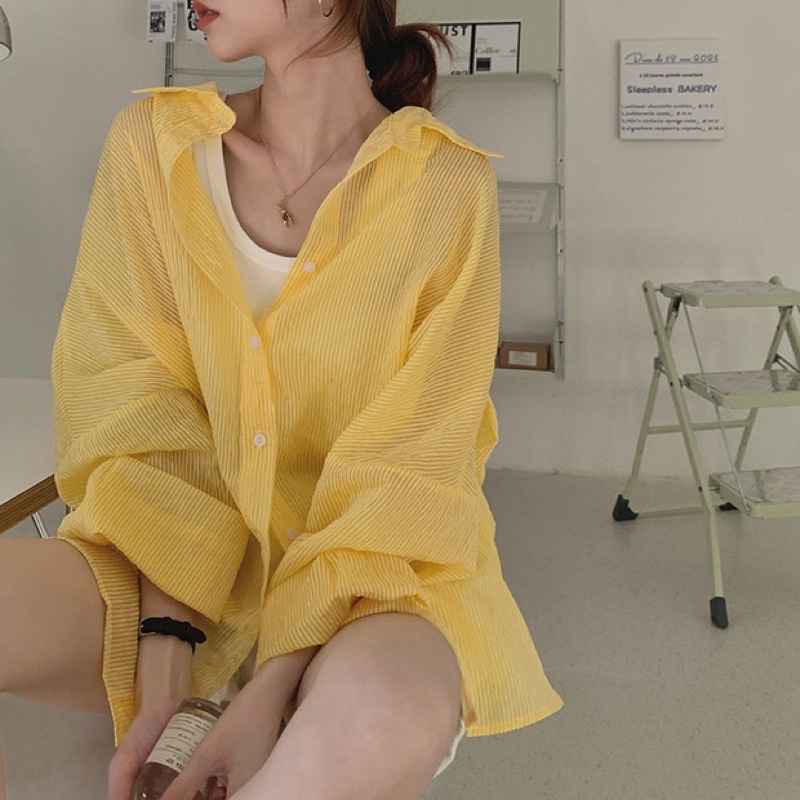 Áo sơ mi kẻ sọc dài tay màu vàng vải cotton siêu xinh❤️