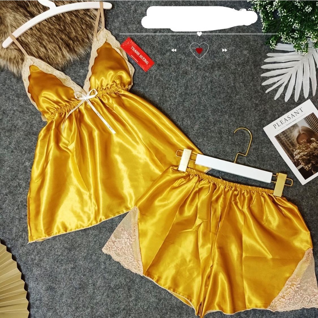 Đồ ngủ sexy, bộ đồ ngủ nữ [ FREESHIP ] chất vải phi lụa, không mút, hai dây phối ren, mịn mịn, quyến rủ size 48--55kg