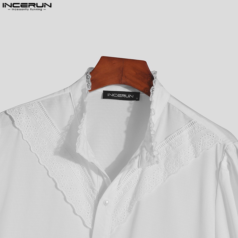 INCERUN Áo Sơ Mi Trắng Tay Ngắn Phồng Phối Nút Thời Trang Cho Nam