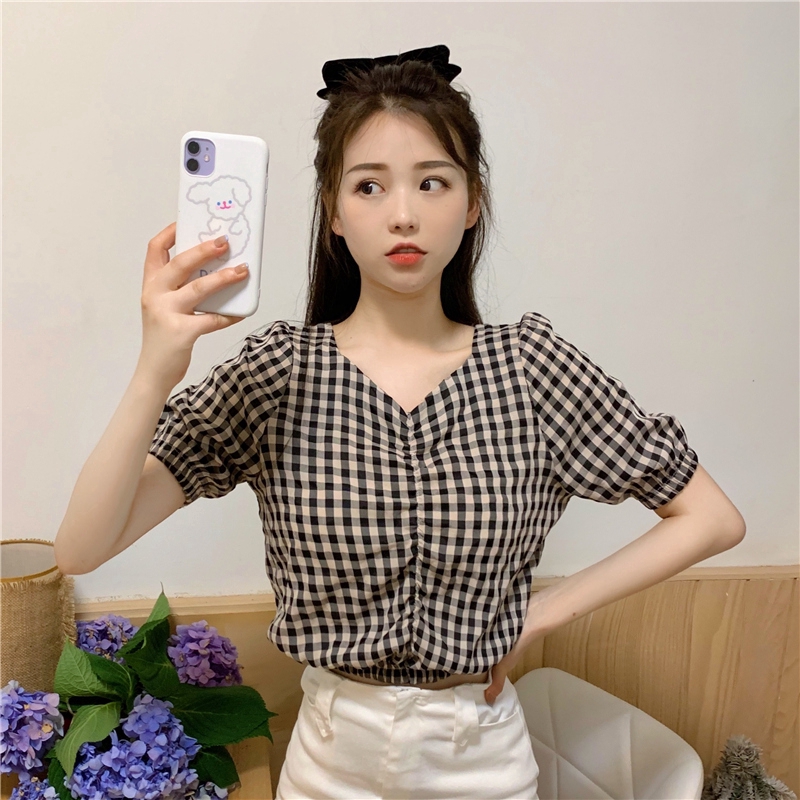 SUXI Áo Kiểu Tay Ngắn Hoạ Tiết Sọc Ca-Rô Cho Phái Nữ