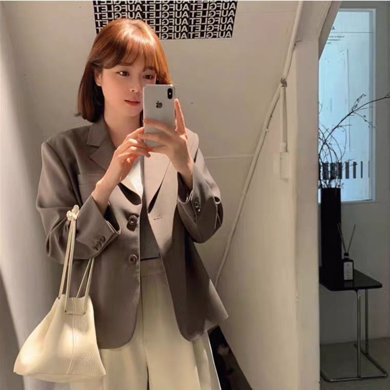 SUXI Áo Khoác Blazer Tay Dài Dáng Rộng Màu Sắc Đơn Giản Phong Cách Vintage Hàn Quốc
