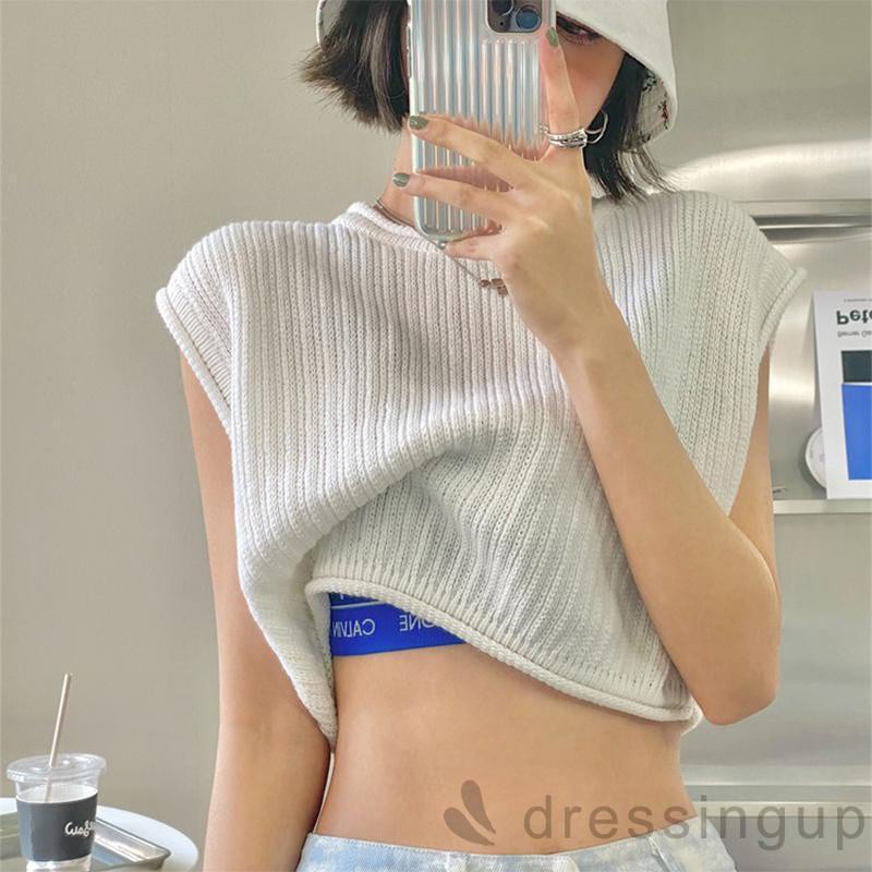 Áo Croptop Dệt Kim Không Tay Màu Sắc Đơn Giản Cho Nữ