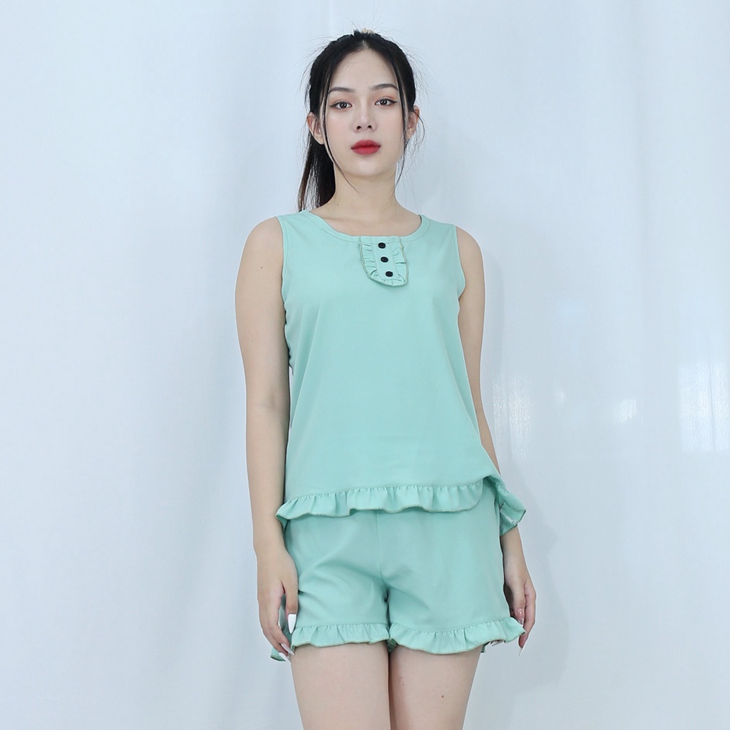 [HÌNH THẬT 100%]  Bộ đồ bộ ngắn  SÁT NÁCH BÈO XANH ĐẬU NÚT ĐEN  - vải lụa ao cấp  - Mềm mại nhẹ