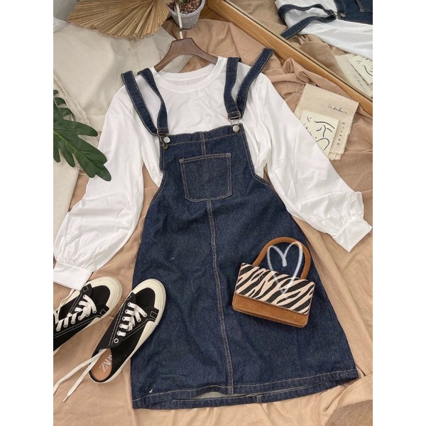 (ẢNH THẬT) Set thiết kế chữ A, áo thun mịn phối yếm jean