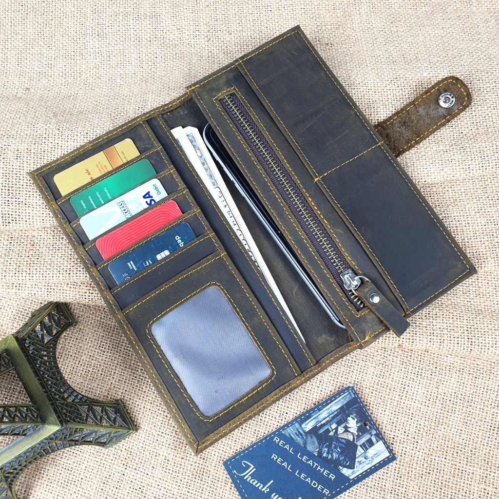 Ví cầm tay nam da bò sáp WL122VB  - 100% da bò thật, BH 3 năm