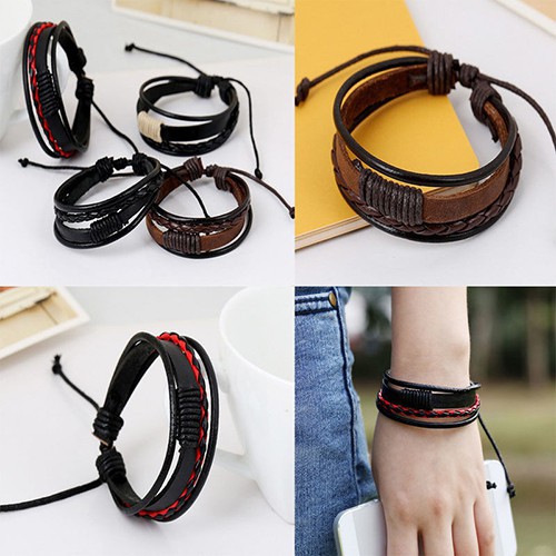 Vòng tay da nhiều sợi phong cách Vintage cho nam và nữ