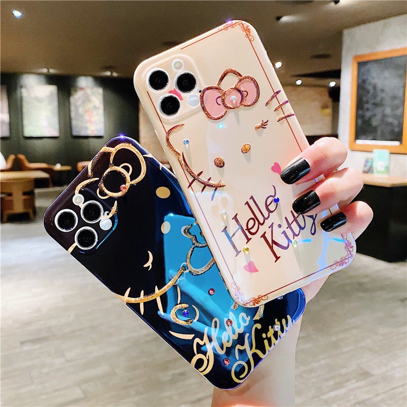 Ốp điện thoại silicon epoxy in hello kitty đính đá thích hợp cho IPhone 7 8Plus 11 11pro 11promax SE X XS XR XSMAX