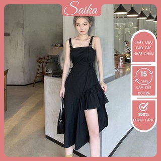 Đầm 2 dây đen buộc eo lệch tà váy 2s nữ chất đũi dây điều chỉnh saika - d110