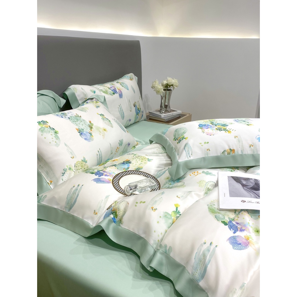 Bộ chăn ga gối 5 món 100%Tencel 60s, họa tiết Cây xương rồng màu sắc tươi sáng và sang trọng, chất liệu mềm mịn mát