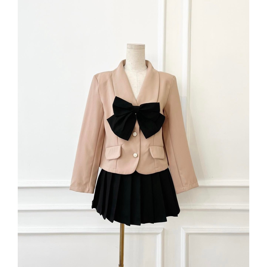 [HÀNG THIẾT KẾ CAO CẤP] Set Áo Sơ Mi Phối Nơ + Chân Váy Xếp Li Dễ Thương Màu Đen