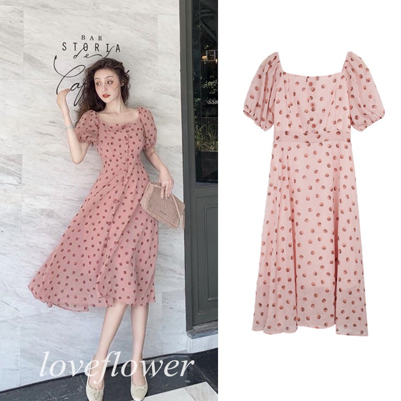 Đầm dáng xòe ngắn tay phối họa tiết chấm bi trẻ trung dành cho nữ | BigBuy360 - bigbuy360.vn