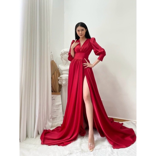 Đầm maxi dạ hội TRIPBLE T DRESS tay dài bo cổ tay xẻ đùi - size M/L - MS415V