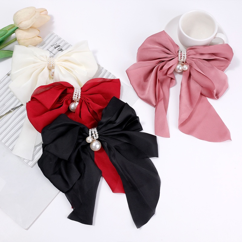 Kẹp Tóc Hình Nơ Đính Hạt Ngọc Trai Bằng Vải Chiffon Dễ Thương Dành Cho Bạn Gái