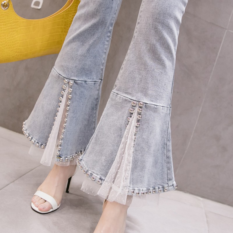 ✨Ready Stock✨Quần jean ren mùa xuân 2021 mới cạp cao lưới khâu đính cườm ống loe phụ nữ