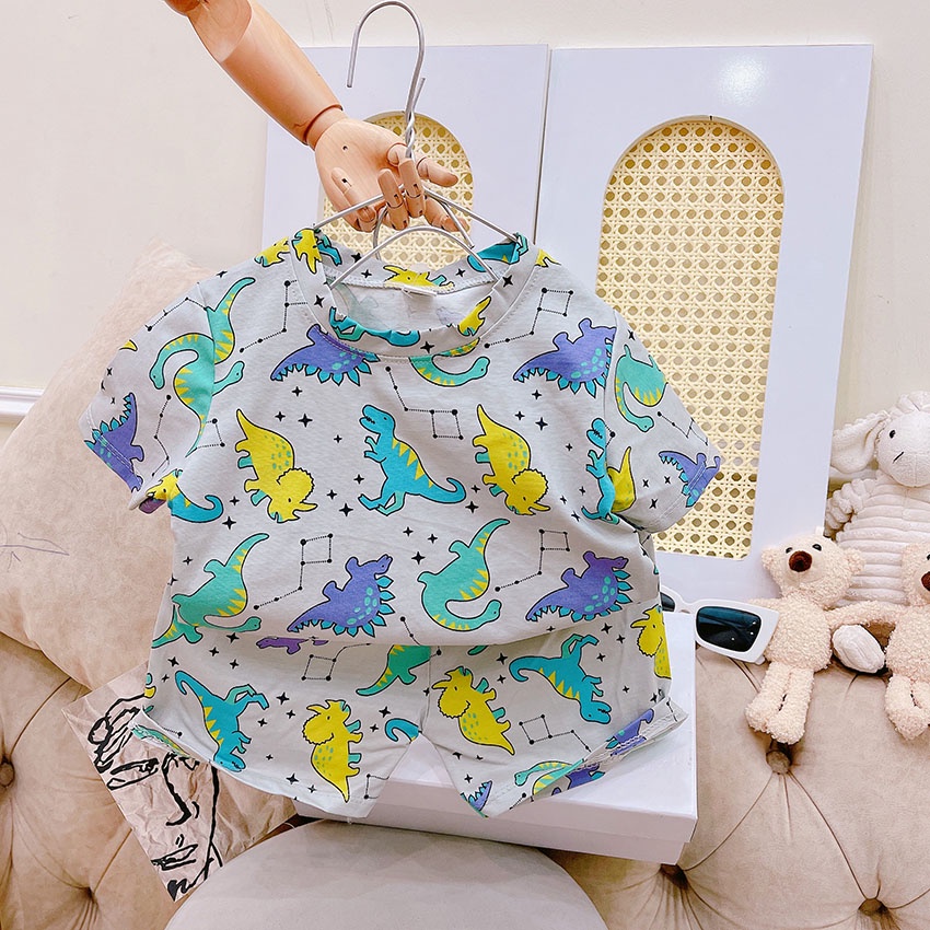 Bộ Quần Áo Cộc Tay In Hình Ô Tô Khủng Long Vải Cotton Tàu Loại 1 Cho Bé Từ 8-19kg Mã CT09