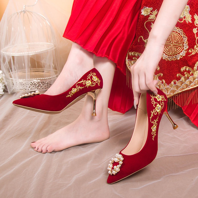 Giày Cao Gót Hai Dây 2022 Kiểu Dáng Mới Xuân Hè Phong Cách Trung Hoa Cho Cô Dâu Đám Cưới