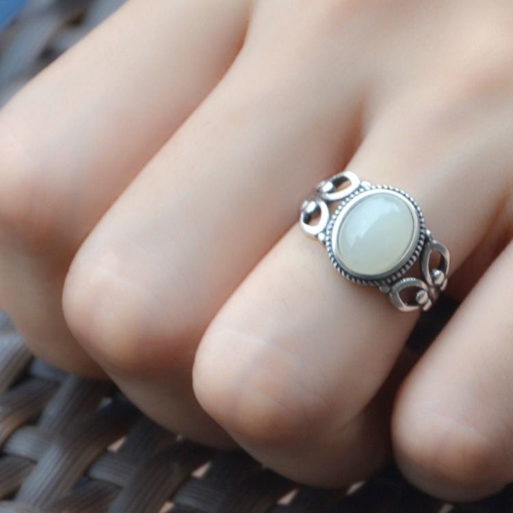 Nhẫn Hở Mạ Bạc 925 Đính Ngọc Bích Tự Nhiên Phong Cách Trung Hoa Cổ Điển Sang Trọng Thời Trang Cho Cặp Đôi