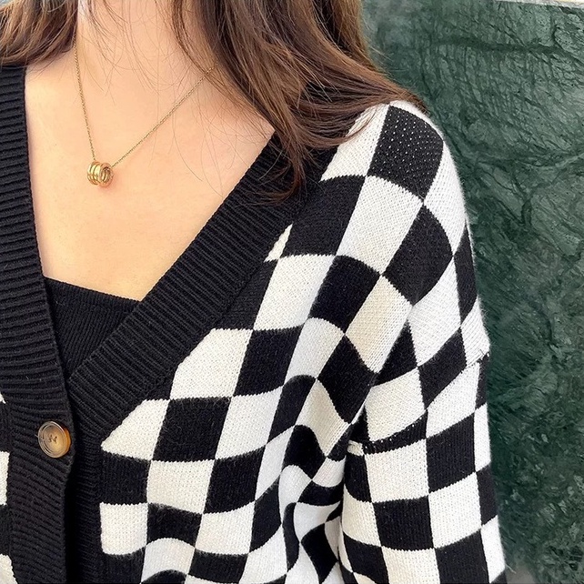 Áo khoác ngoài kiểu Cardigan họa tiết hình bàn cờ Nagnagstore chất vải len nỉ dày dặn dáng rộng chuẩn Unisex TL17