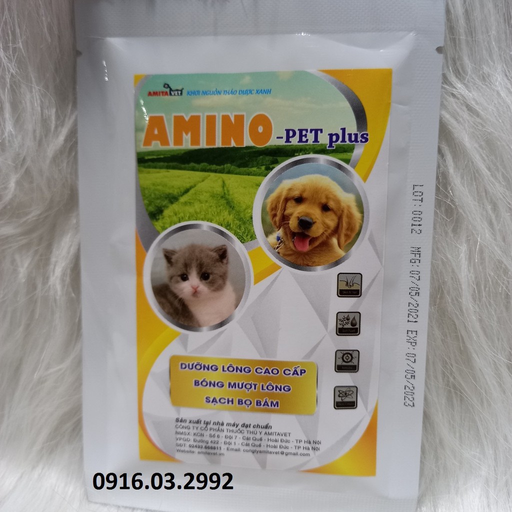 Dưỡng lông chó mèo Amino Pet plus, Mượt lông kích thích mọc lông tự nhiên 35gr